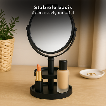 Cheqo® Make-Up Spiegel met Oganizer - Scheer Spiegel - Vergroot Spiegel - Makeup Spiegel met Houder - Zwart - Dubbelzijdig - Metaal