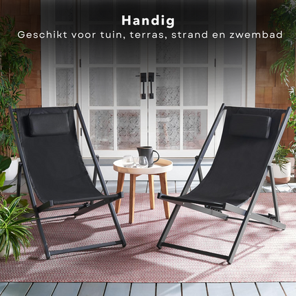 Cheqo® Luxe Ligstoel - Zwart-Grijs - Inklapbaar en Verstelbaar - Tuinligstoel met Hoofdsteun - Draagbaar - 101x61x91 cm - 3.8 KG - Voor Thuis en Onderweg - Campingstoel - Tuinstoel - Loungestoel -  Verstelbare Rugsteun Ligbedden