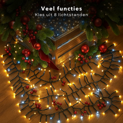 Cheqo® Kerstverlichting - Kerstlampjes - Kerstboomverlichting  - 768 LED - Twotone Verlichting - Warm Wit + Wit - Verlichte Lengte 990 CM - 8 Lichtfuncties - Automatische Timer - Binnen en Buiten - IP44 Adapter - Cluster Kerstverlichting