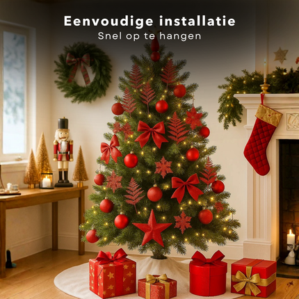 Cheqo® Kerstversiering Set - Rode Kerstdecoratie - Kerstboom Versiering - Kunststof Kerstballen - Luxe Decoratieset - Rode Kerstballen - Kerstboom Verlichting - Warmwitte Led-Lampjes - Onbreekbare Kerstballen