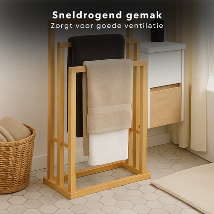Cheqo® Handdoekenrek Badkamer - Handdoekrek Bamboe - Handdoek Rek Vrijstaand - Zonder Boren - 3 Hoogtes