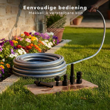 Cheqo® Tuinslang - Tuinslang Set - Tuinslang met Koppelingen - Tuinslang met Aansluitingen - Grijze Tuinslang - Transparante Tuinslang