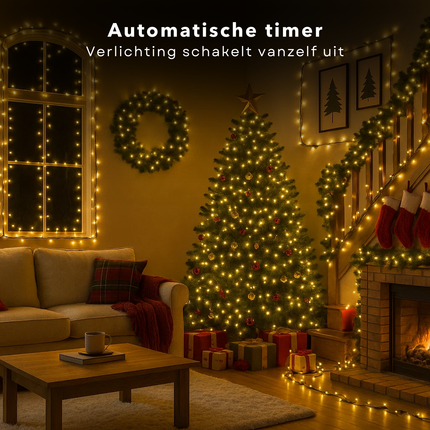 Cheqo® Kerstverlichting - Kerstlampjes - Kerstboomverlichting - Extra Warm Wit - 768 LED - 8 Lichtfuncties - Automatische Timer - Binnen en Buiten - IP44 Adapter - Zwart Snoer - 990 CM Lengte - Geheugenfunctie - Clusterverlichting