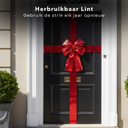 Cheqo® Rode Deurstrik - Kerstdecoratie -Glanzende Strik - Klittenband Bevestiging - Rode Kerststrik - Feestelijke Decoratie - Deurversiering - Grote Strik - Rode Glans - Decoratieve Strik - Deurkrans Alternatief - Deurstrik - Kerst Strik