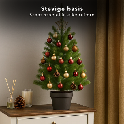 Cheqo® Kunstkerstboom In Pot - Compacte Kunstkerstboom - Kleine Kerstboom - Mini Kerstboom - Kerstboom 90 cm - Groene Kerstboom - Realistische Kerstboom - Natuurlijke Uitstraling - PE-Materiaal Kerstboom - Stevige Zwarte Pot - Kerstdecoratie