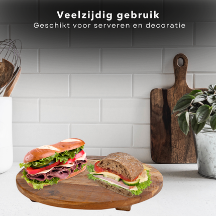 Cheqo® Houten Dienblad - Kaasplank - Tapasplank - Borrelplank - Serveerplateau - Rond - Naturel Hout - Perfect voor Keuken en Serveerdoeleinden