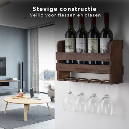Cheqo® Houten Wijnrek Wandmontage - Flessenrek - Wijnflesrek - Wijnflessen Rek Voor 4 Flessen en Glazen - Glazenhouder - Hout - Compact Design