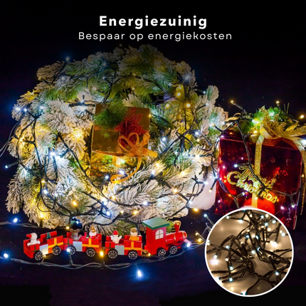 Cheqo® Kerstverlichting - Kerstboomverlichting - Kerstlampjes - 200 LED - 4M - Voor Binnen en Buiten - Timer - 8 Lichtfuncties - Op Batterijen - Wit & Warm Wit - Clusterverlichting - Sfeerverlichting - Feestverlichting Kerstboomverlichting