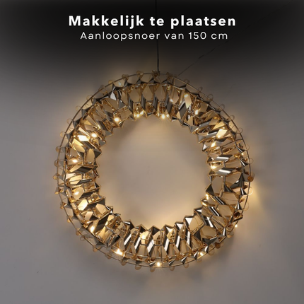 Cheqo® Verlichte Gouden Kerstkrans - 50 LED - Deurkrans Goud met LED - Kerstkrans met Kerstlampjes - Ø30 cm - Warm Wit LED - Binnen