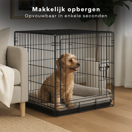 Cheqo® Hondenbench – Bench voor Honden - Opvouwbare Draadkooi Zwart – Autobench & Transportbox – Voor Grote Honden – Met Deur & Bovenopening – Reismand – Stevig Stalen Frame – 6.5 kg – Voor Thuis & Onderweg