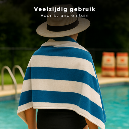 Cheqo® XL Strandlaken Katoen - Strandkleed - Gestreept Blauw/Wit - Absorberend en Groot