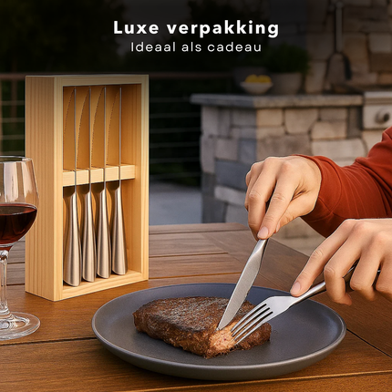 Cheqo® Steakmessen Set - Roestvrij Staal - Vaatwasserbestendig - Houten Bewaardoos - Scherpe Messen - Licht Gekarteld - 4-Delige Set - Cadeau Voor Vleesliefhebber - Keukenmessen - Steakmes 22,5 cm - RVS Steakmessen - Hersluitbare Doos