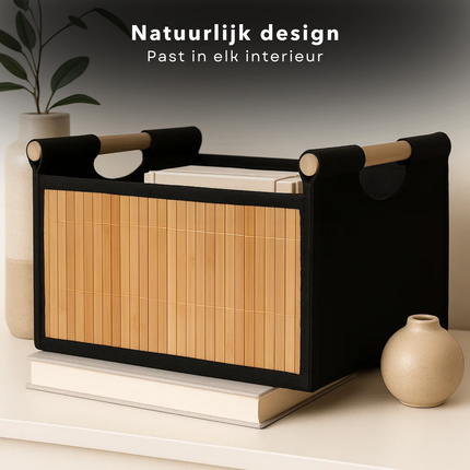 Cheqo® Bamboe Opbergmanden - Set Van 3 - Multifunctionele Manden - Badkamermanden - Stapelbare Manden - Houten Handvatten - Naturel En Zwart - Opbergdoos - Kastmanden - Bamboe Materiaal - Verschillende Formaten - Opbergoplossing