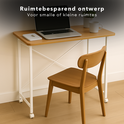 Cheqo® Inklapbare Wandtafel - Bijzettafel - Laptop Tafel - Haltafel - Bedtafel - Wit Metaal - Met Wielen