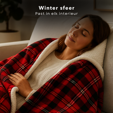 Cheqo® Kerstdeken - 200x150 CM - Plaid Rood Geruit - Flanel Sherpa Fleece - Zachte Warmteplaid - Schotse Ruit - Sfeervolle Woondecoratie - Polyester - Flanel met Print - Sherpa Achterzijde - 1200 Gram - Plaid - Woonaccessoire - Winterdeken