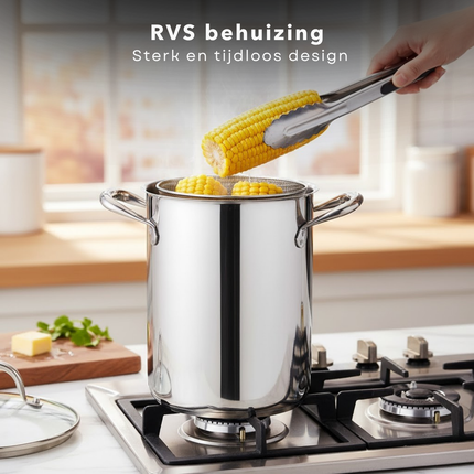 Cheqo® Aspergepan RVS - Pastapan - Glazen Deksel - Stoomuitlaat - Inzetmand - Vaatwasser Veilig - Geschikt Voor Inductie - Alle Warmtebronnen - Roestvrij Staal - 4.2 Liter Inhoud - 16 cm Diameter - 21 cm Hoog - Multifunctioneel Koken