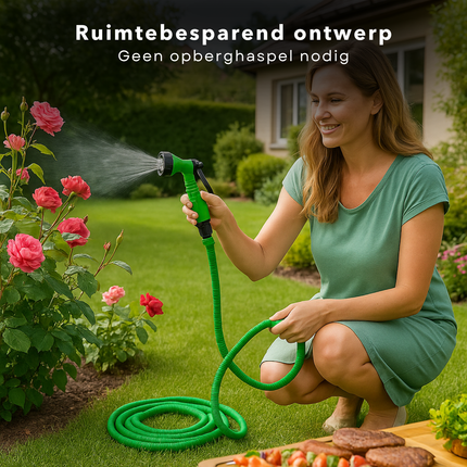 Cheqo® Flexibele Tuinslang Set 10-20M – Elastische Uitrekbare Slang – Lichtgewicht Kunststof – Sproeikop met 7 Standen – Koppelstuk Meegeleverd – Tuinbewatering – Ruimtebesparend Ontwerp – Tuin Onderhoud