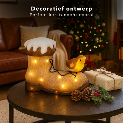 Cheqo® Verlicht Kerstfiguur Acryl - Vogel Op Laars - LED Verlichting - Kerstversiering - Acryl Materiaal - Werkt Op Batterijen - Binnen En Buiten - Timerfunctie - IP44 Batterijbox - Verlicht Kerstfiguur - Decoratieve Verlichting