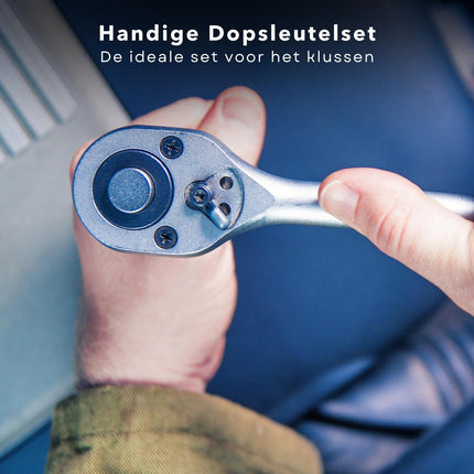 Cheqo® 20-delige Dopsleutelset - Doppendoos en Ratel - Doppenset - Kunststof Opbergbox - Doppen & Verlengstukken - Hoge Kwaliteit - Sterk Materiaal - Gereedschapsset - Dopsleutel - Handgereedschap Dopsleutelsets