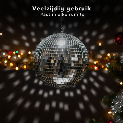 Cheqo® Kerst Discobal - Spiegelbol 50 CM - Zilver Spiegelglas - Disco Bal Zilver - Eenvoudig Op Te Hangen - Kerstversiering - Feestdagen Decoratie - Discobal Ornament - Spiegelglas Discobal - Kerstdecoratie