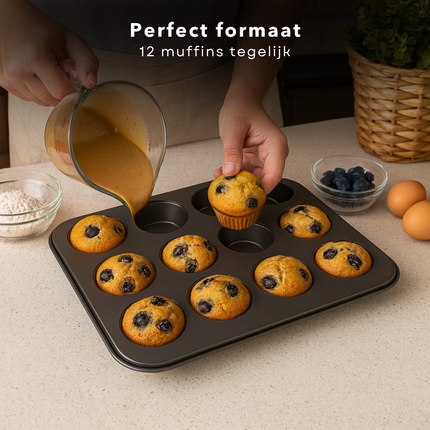 Cheqo® Muffinvorm met Non-Stick Coating - Bakvorm Cupcakes - Cupcakevorm - Ovenbestendig Tot 220 Graden - Voor 12 Muffins - Cupcake Bakvorm - Cupcakes Bakken