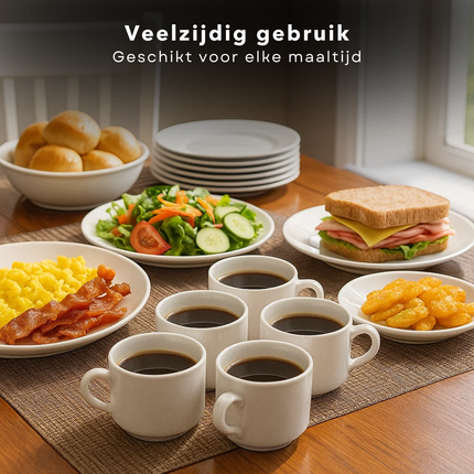 Cheqo® Serviesset 8 Persoons - 40-Delige Serviesset - Witte Serviesset - Aardewerk Servies - Vaatwasserbestendig Servies - Magnetronbestendig Servies - Elegante Tafelsetting - Borden En Kommen - Kopjes Met Schotel - Ronde Borden