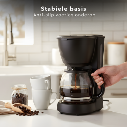 Cheqo® Koffiezetapparaat met Glazen Kan - Uitneembaar Filter - Anti-Drup Functie - Koffiezet Apparaat - Filterkoffie Machine - Warmhoudplaatje - Koffiemachine - Zwart Koffiezetapparaat - Betrouwbare Koffiemachine