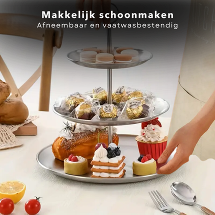 Cheqo® Etagere 3-Laags - RVS Serveerschaal - 34 cm Hoog - Ideaal voor High Tea - Serveer Schaal - Borrelplank