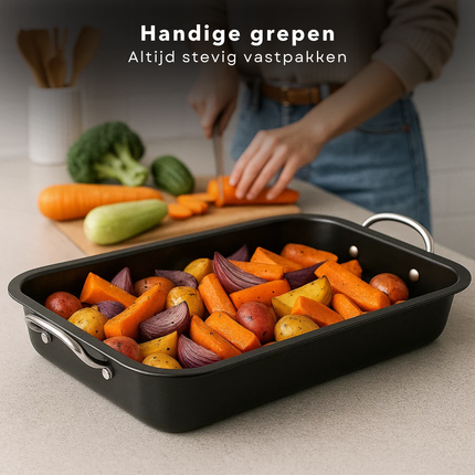Cheqo® Metalen Ovenschaal - Anti-Aanbaklaag - Rechthoekige Schaal - Braadschaal Met Handvatten - Lasagnepan - Groenteschotel Ovenschaal - Kip Bakken Ovenschaal - Niet Vaatwasmachinebestendig - Handwas Aanbevolen