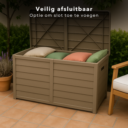 Cheqo® Kussen Opbergbox - Kussenbox - Tuinkussenbox - Tuinkussen Box - Weerbestendig & Verrijdbaar - Opbergbox Tuin voor Buiten - 420 L - Taupe