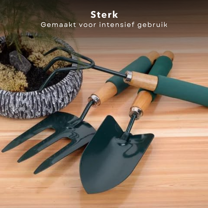 Cheqo® 3-Delige Tuingereedschap Set - Tuinhark - Spitvork - Schepje - Tuinieren Set - Tuinier Set met Korte Steel - Tuinierset - Antikleef Coating - Houten Handvat