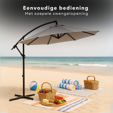 Cheqo® Zweefparasol 3M - Zweef Parasol Kantelbaar - Verstelbaar Stalen Frame - Inclusief Voet - Voor Tuin en Balkon - Grijs