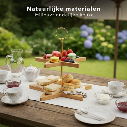 Cheqo® Kerst Etagere - 2 Lagen - Bamboe Etagere - Stervorm Etagere - Kerstdecoratie - Serveertoren - Bamboe En Metaal - Kersttafel Decoratie - Lichtgewicht Etagere - Kerstontbijt - Kerstdiner