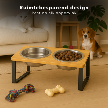 Cheqo® Dubbele Voerbak Voor Honden & Katten – RVS Voerbakken met Bamboe Standaard – Verhoogde Eet- en Drinkbak – Antislip Voerbak met Houder – Waterafstotend – Ergonomisch – Voor Kleine Huisdieren