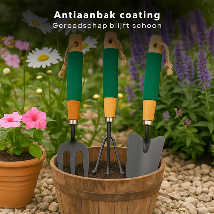 Cheqo® Tuingereedschap Set - Tuin Gereedschap Set - Tuingereedschapset - Hark - Spitvork - Plantschep - Tuin Accessoires - Voor Klein Tuinwerk - Houten Handvat - 27 cm