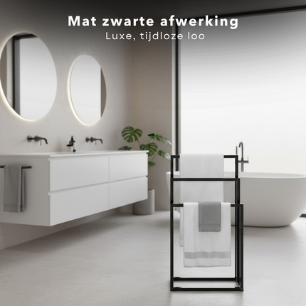 Cheqo® Vrijstaand Handdoekrek - Handdoekenrek Badkamer - Metaal Handdoekrek - Mat Zwart - 3 Niveaus - Anti-Kras Viltdopjes - Industrieel Design - Handdoekrek Zonder Boren