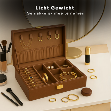 Cheqo® Sieradendoos Kunstleer - Bijouteriedoos - Sieradenkoffer - Juwelendoos - Sieraden Organizer - Bruin - Sieraden Doos - Sieradendoosje Met Kettinghaakjes en Ringklemmen