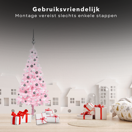 Cheqo® Roze Kerstboom - Kunstkerstboom 120 cm - Met LED-Verlichting en Kerstballen - PVC - Inclusief Standaard