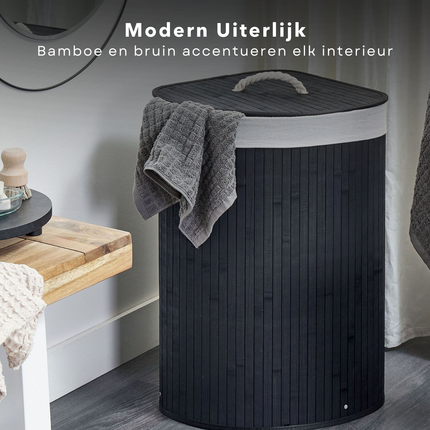 Cheqo® Bamboe Wasmand met Waszak - Hoekmodel - Wassorteerder Opvouwbaar 72L - Zwart - Met Deksel en Binnenzak