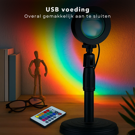 Cheqo® Sunset Lamp - 16 Kleuren - LED Projectorlamp - Afstandsbediening - Sfeerverlichting - RGB Lamp - Dimbare LED - USB-A Aansluiting - Verstelbare Hoogte - Tafellamp - Nachtlamp - Decoratief Sfeerlicht - Zonsondergang Projectie