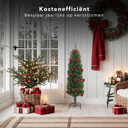 Cheqo® Kunstkerstboom Smal - Smalle Kerstboom - 120 cm - Levensecht PVC - Inclusief Standaard - Binnen/Buiten Gebruik