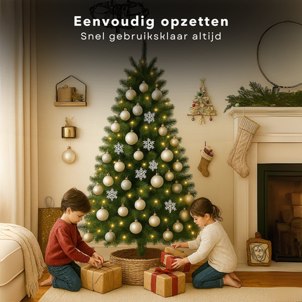 Cheqo® Kunstkerstboom Met Verlichting - Kunstkerstboom 185 cm - Verstelbare Takken - Onderhoudsvriendelijke Kerstboom - Kunststof Kerstboom - Kerstboom Voor Binnen - Warm Witte LED Lampjes - Kerstboom Met Standaard - Ruimtebesparende Kerstboom