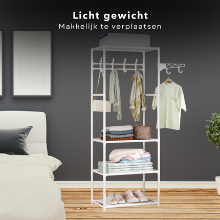 Cheqo® Metalen Kledingrek - Garderoberek - Kleerkast - Kleding Kast - Garderoberek - Kapstok - 3 Legplanken - Wit - 170 cm Hoog - Praktisch Opbergen