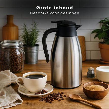 Cheqo® Thermoskan 2 Liter - RVS Thermoskan - Dubbelwandige Thermoskan - Lekvrije Thermoskan - Isolerende Kan - Warme en Koude Dranken - Thermoskan met Handgreep - 1-Hand Bediening - Roestvrij Staal - Thermoskan voor Koffie