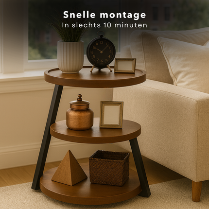Cheqo® Moderne Bijzettafel - Bijzet Tafel - Bruin Bijzettafeltje - Zwart Metalen Frame - MDF Plateau - Opstaande Rand - Stelpootjes - Ronde Bijzettafel - Industriële Stijl - Woonkamer Tafel - Compacte Bijzettafel