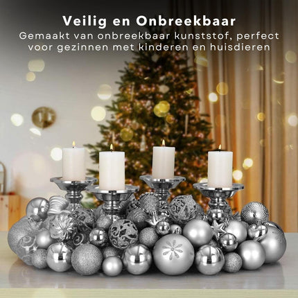 Cheqo® Luxe Kerstballen Set - Kerstballenset - Kerstdecoratie - Kerstboom Versieren - Kerstversiering - Onbreekbaar - Met Ophangoogje - Kerstversiering Kerstboom - Mat - Glans - Glitter - 101 Stuks - Zilver - Verschillende Texturen en Maten - Met Piek Kerstballen