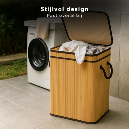 Cheqo® Bamboe Wasmand - Wasmand met Deksel - Uitneembare Wasbare Binnenzak - 72 Liter - Natuurlijk Bruin - Klapdeksel - Wasmand 1 Vak