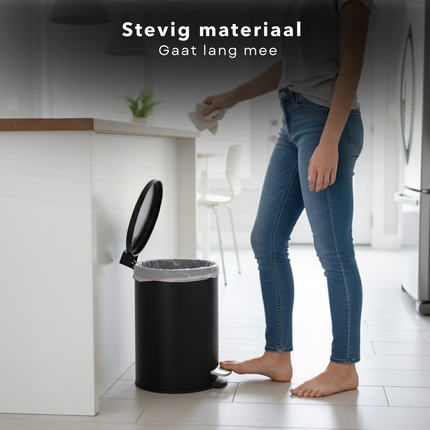 Cheqo® Pedaalemmer 12 Liter - Mat Zwarte Prullenbak - Metalen Pedaalemmer - Kunststof Pedaal - Uitneembare Binnenemmer - Anti-Slip Bodem - Geschikt Voor Keuken - Geschikt Voor Kantoor - Pedaalemmer Met Deksel - Compacte Pedaalemmer