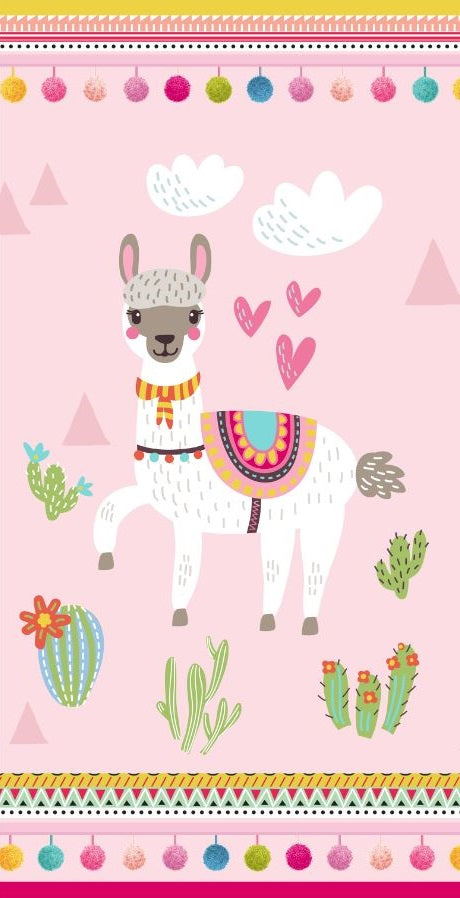 Strandlaken voor Kinderen 75x150 cm - Lama en Cactus Print - Roze - Poly Velours - Dekbedovertrek voor Kinderen