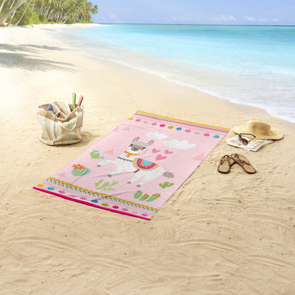 Strandlaken voor Kinderen 75x150 cm - Lama en Cactus Print - Roze - Poly Velours - Dekbedovertrek voor Kinderen